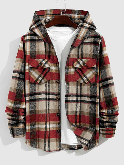 Men's Stylish Plaid Hooded Wool Blend Shirt Jacket with Corduroy Casual Pants