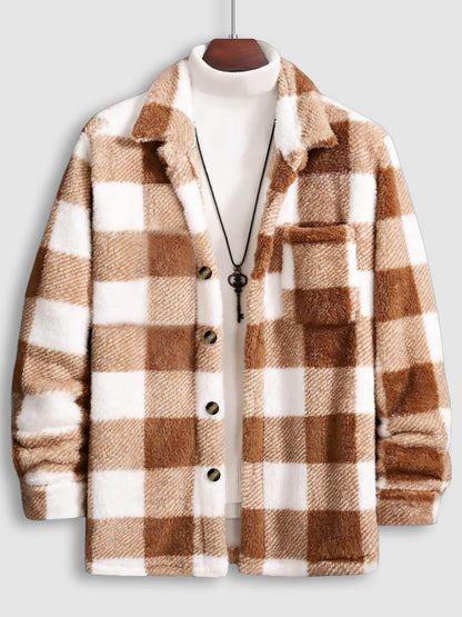 Men's Plaid Fleece Button-up Jacket with Pocket