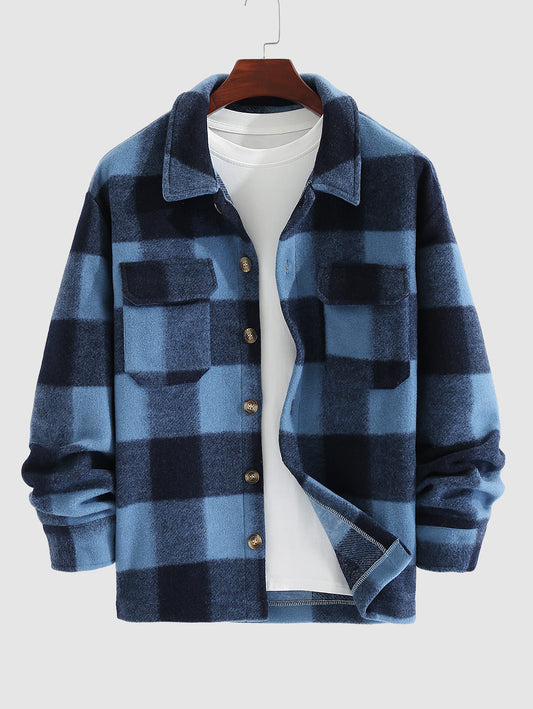 Men's Stylish Plaid Wool Blend Long Sleeve Shirt Jacket for Comfort and Warmth