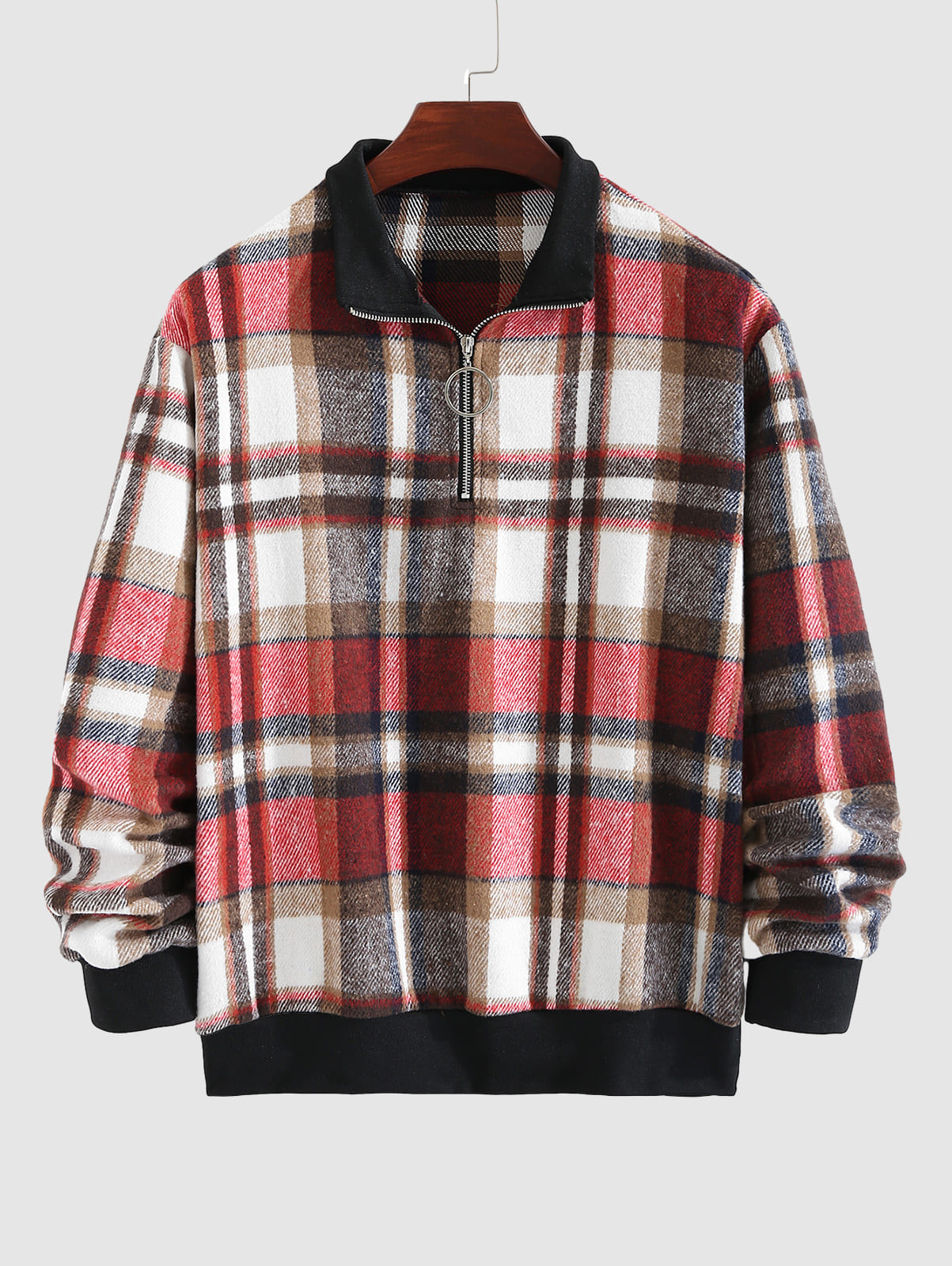Vintage plaid blended wool sweatshirt for men with stand collar and zipper