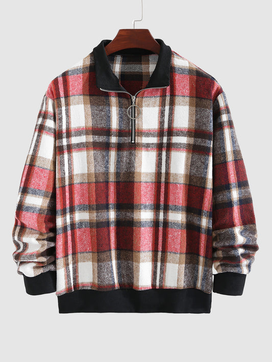 Vintage plaid blended wool sweatshirt for men with stand collar and zipper