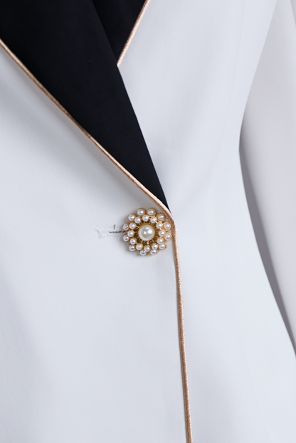 Elegant Asymmetrical White Blazer with Black Contrast Lapels