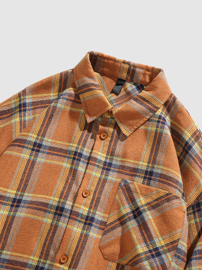 Casual men's plaid shirt with pocket and buttoned long sleeves