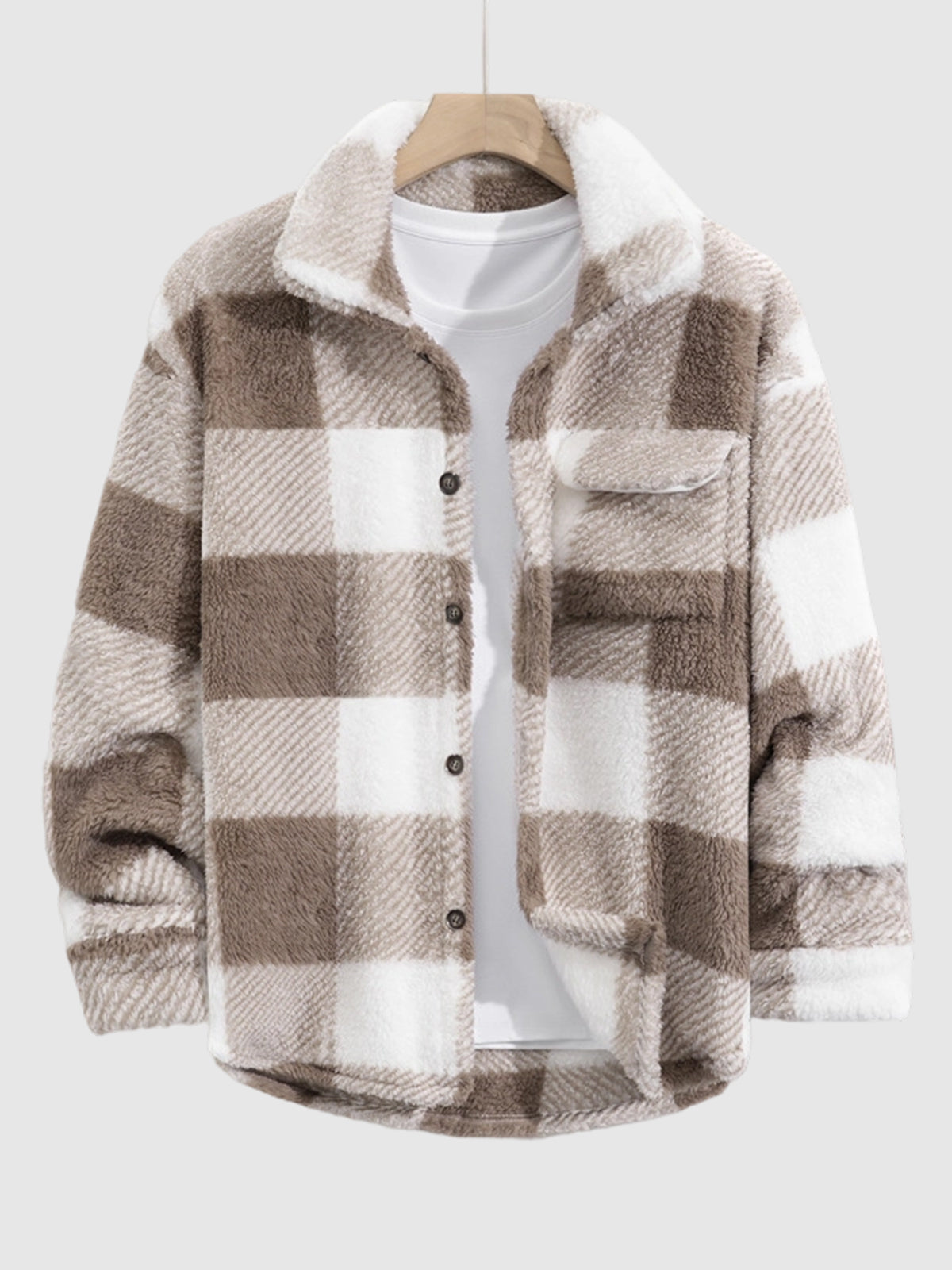Classic men's plaid jacket with plush faux fur shoulder details, single pocket, buttons, and collar lapel