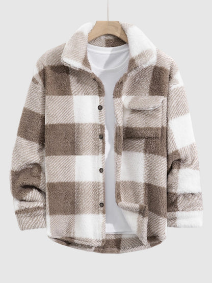 Classic men's plaid jacket with plush faux fur shoulder details, single pocket, buttons, and collar lapel