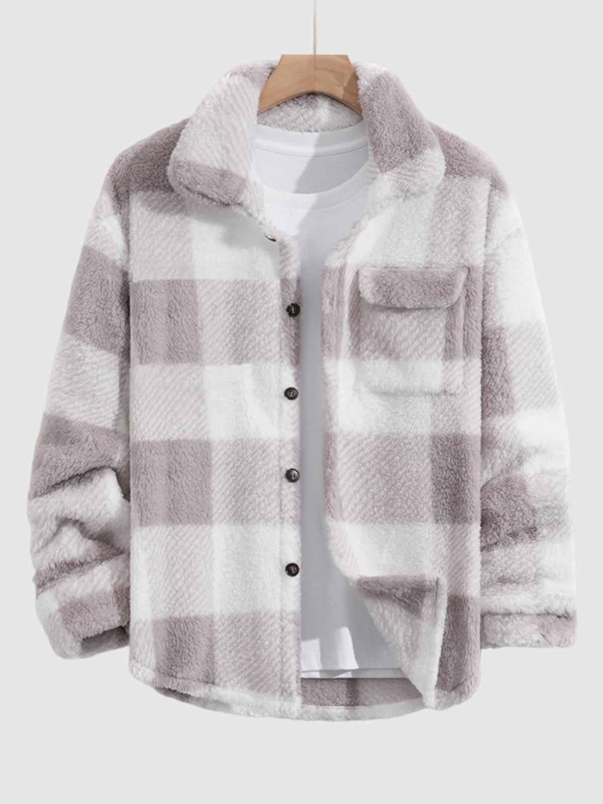 Classic men's plaid jacket with plush faux fur shoulder details, single pocket, buttons, and collar lapel