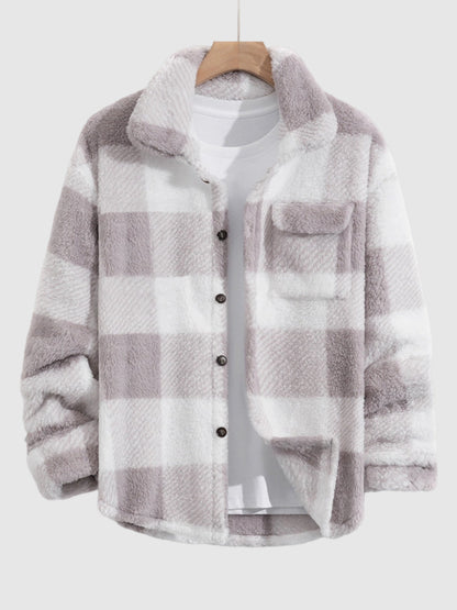 Classic men's plaid jacket with plush faux fur shoulder details, single pocket, buttons, and collar lapel