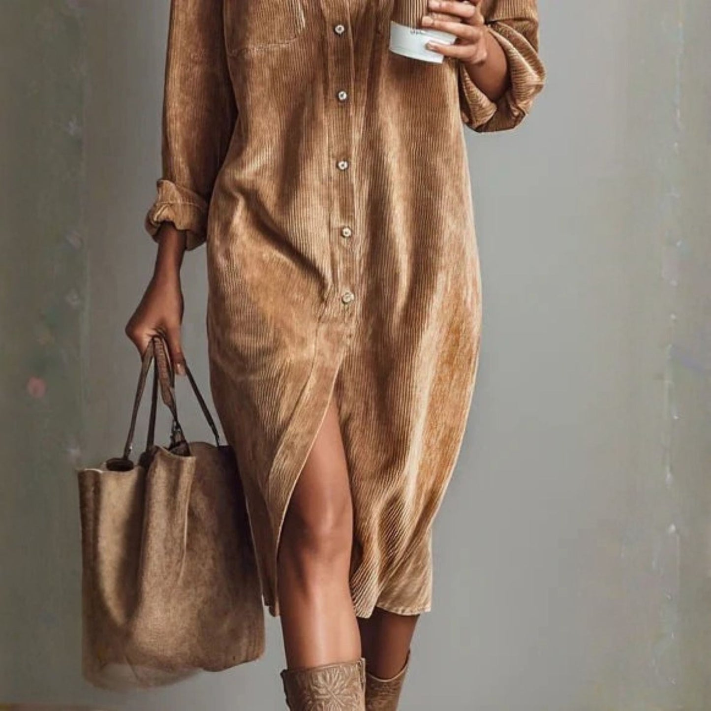 Avero | Loose and Elegant Midi Velvet Corduroy Dress