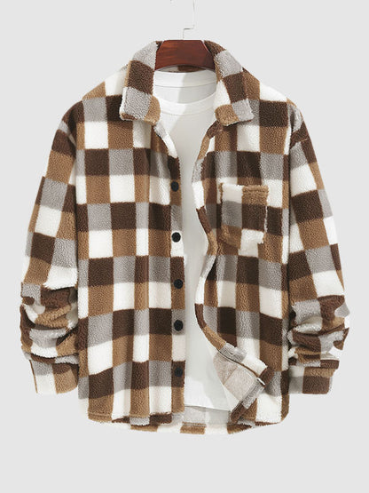 Classic men's plaid jacket with plush faux fur shoulder details, single pocket, buttons, and collar lapel