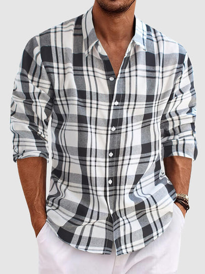 Men's Long Sleeve Casual Shirt with Plaid Pattern and Loose Fit