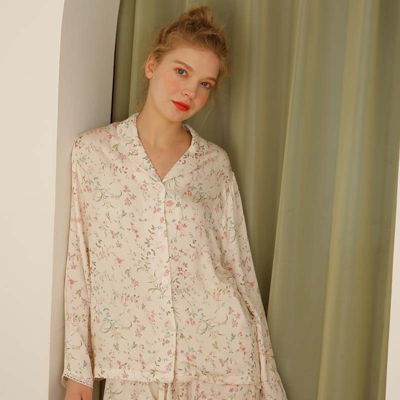 Ownkoti Floral Satin V-Neck Long Sleeve Sleepwear for Ultimate Comfort