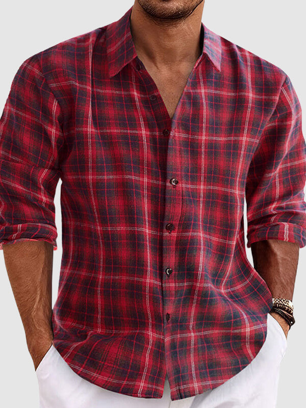 Men's Long Sleeve Casual Shirt with Plaid Pattern and Loose Fit