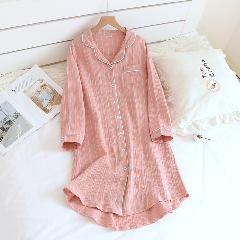 Ownkoti Solid Striped Nightgown with Notch Collar
