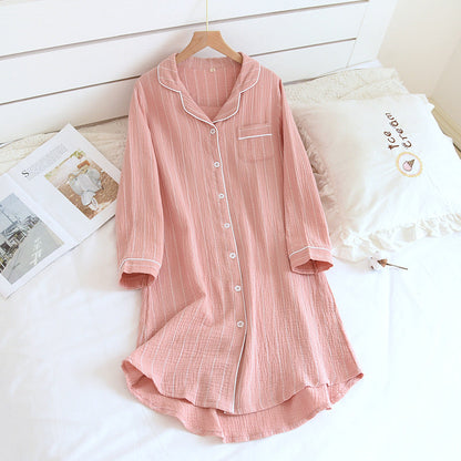 Ownkoti Solid Striped Nightgown with Notch Collar