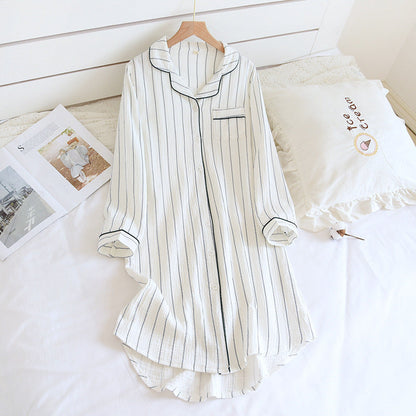 Ownkoti Solid Striped Nightgown with Notch Collar