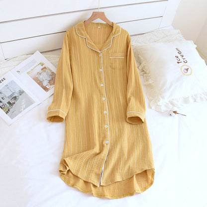 Ownkoti Solid Striped Nightgown with Notch Collar
