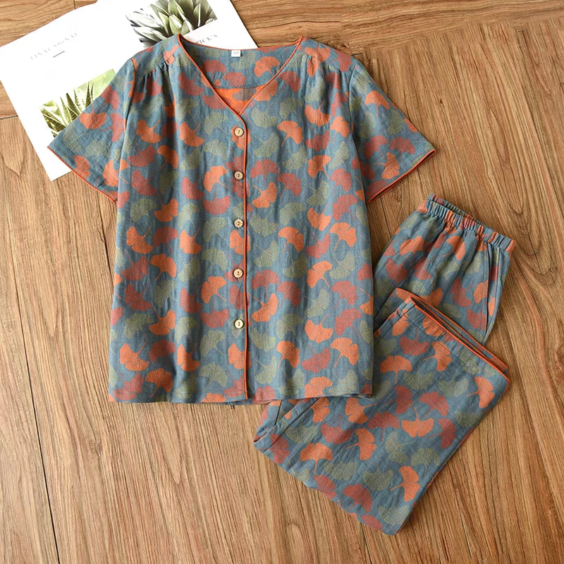 Ownkoti Ginkgo Leaf Jacquard V-Neck Short Loungewear for Comfort and Style