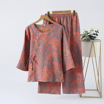 Ownkoti Cotton Gauze Vintage Retro Cozy Loungewear Set