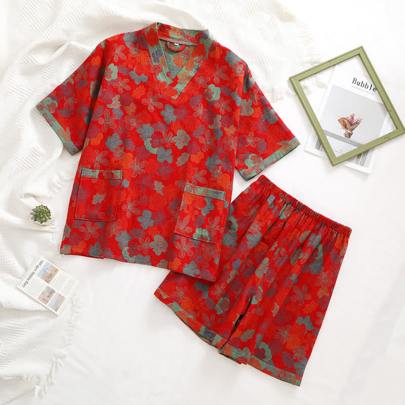 Village Style Cotton Gauze Nightgown Set with V-Neck