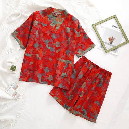 Village Style Cotton Gauze Nightgown Set with V-Neck