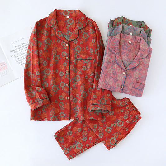 Double Layer Gauze Yarn-Dyed Cotton Pajama Set for Comfortable Nightwear