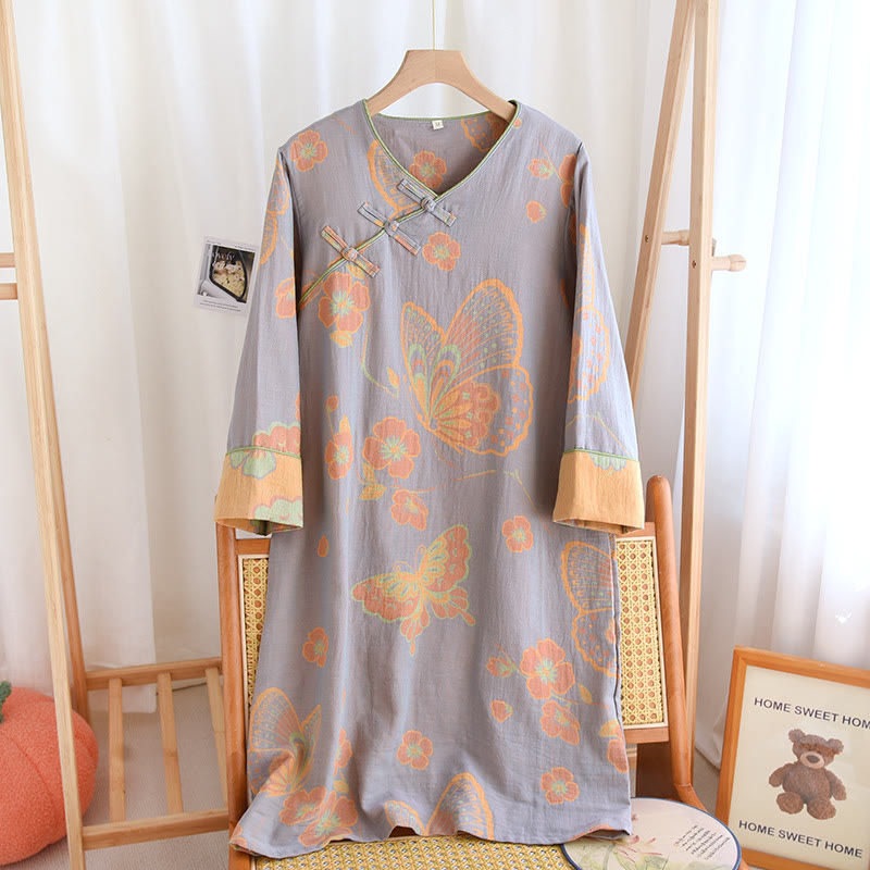Pure Cotton Elegant Butterfly & Flower Nightdress - Comfortable and Stylish Sleepwear