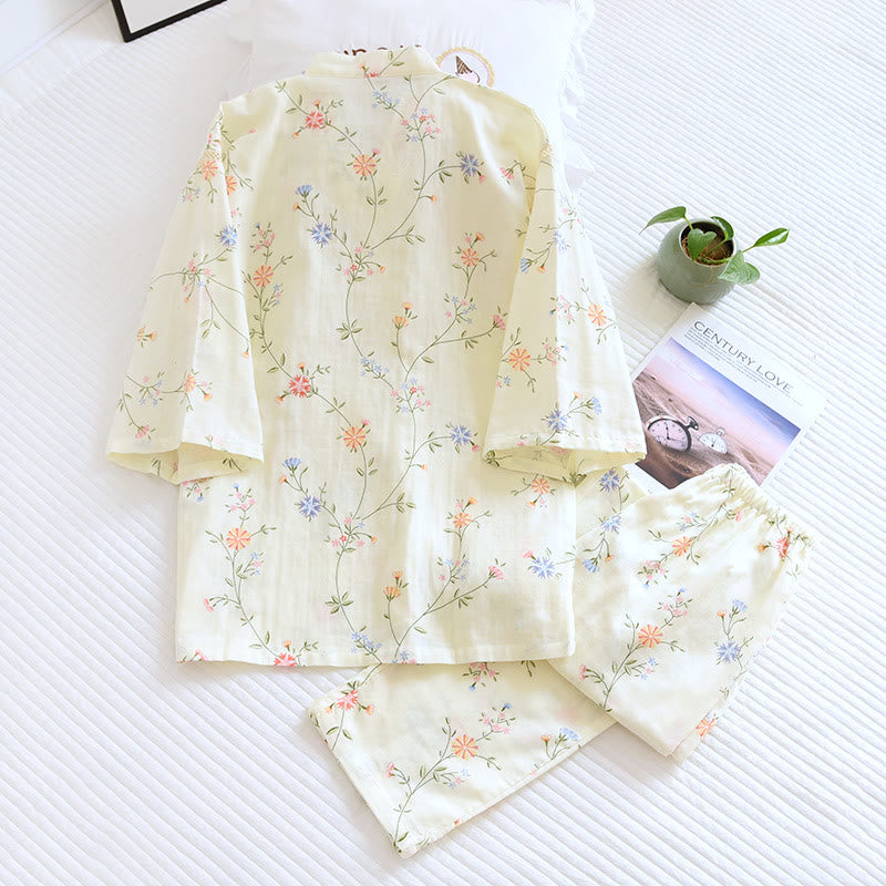 Floral Cotton Gauze Kimono Pajama Set for Elegant Comfort