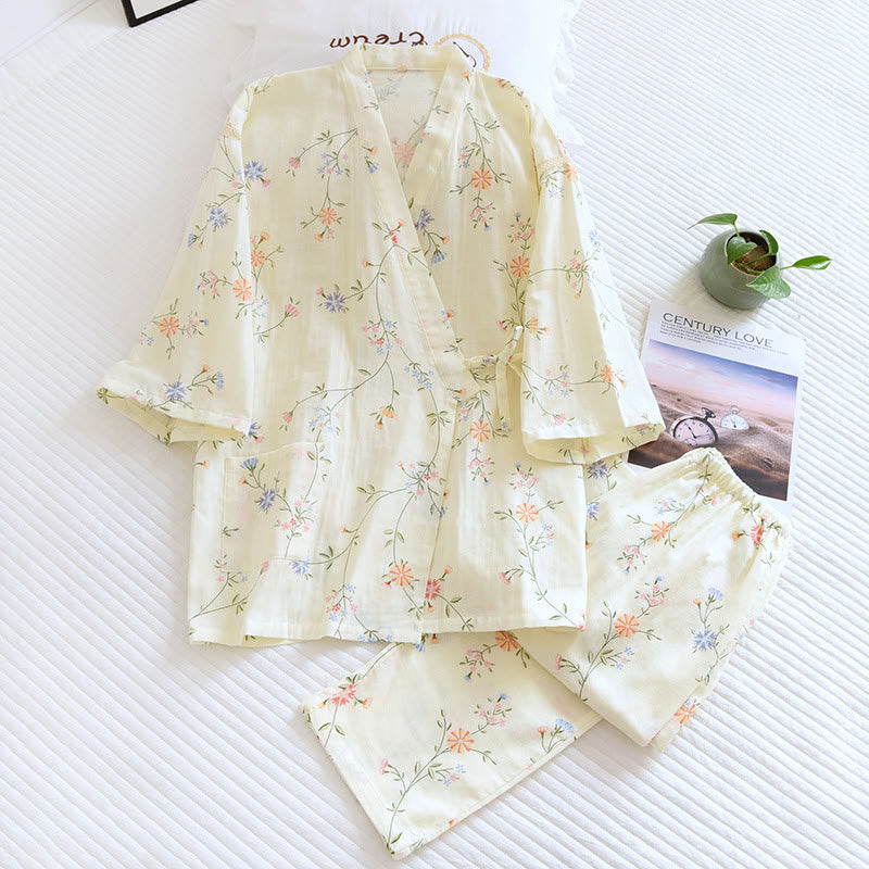 Floral Cotton Gauze Kimono Pajama Set for Elegant Comfort