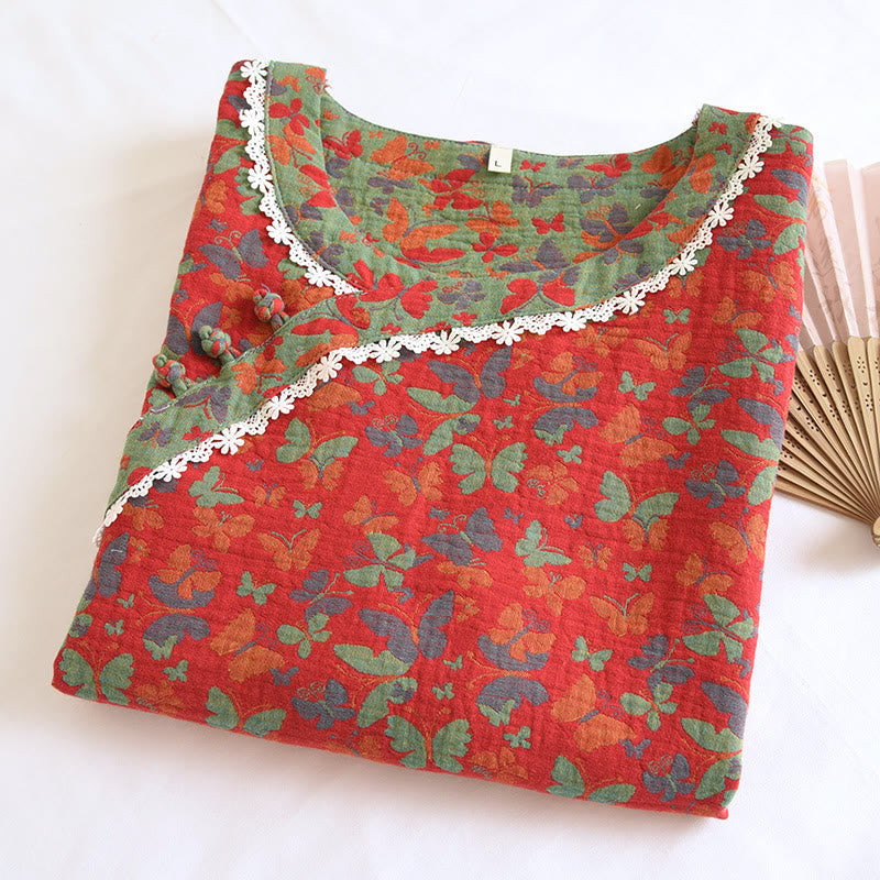 Cotton Gauze Jacquard Butterfly Pajama Set for Women