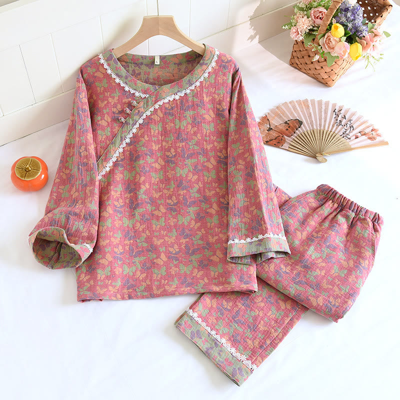 Cotton Gauze Jacquard Butterfly Pajama Set for Women