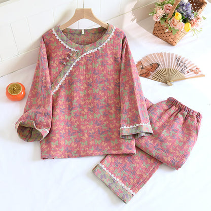 Cotton Gauze Jacquard Butterfly Pajama Set for Women
