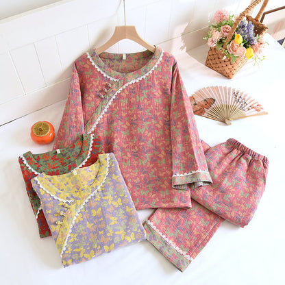 Cotton Gauze Jacquard Butterfly Pajama Set for Women
