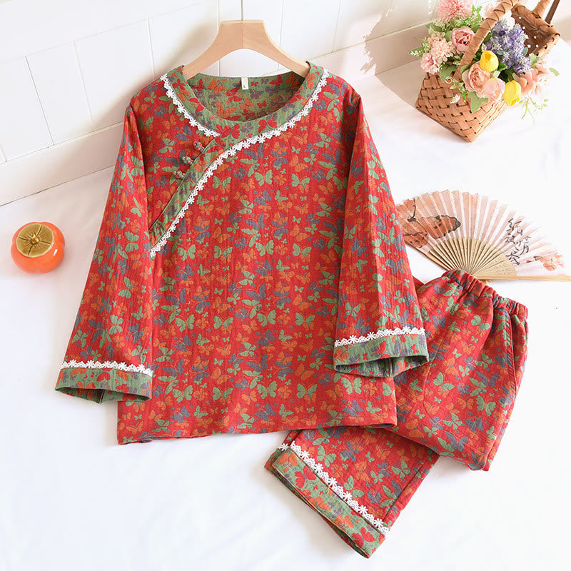 Cotton Gauze Jacquard Butterfly Pajama Set for Women