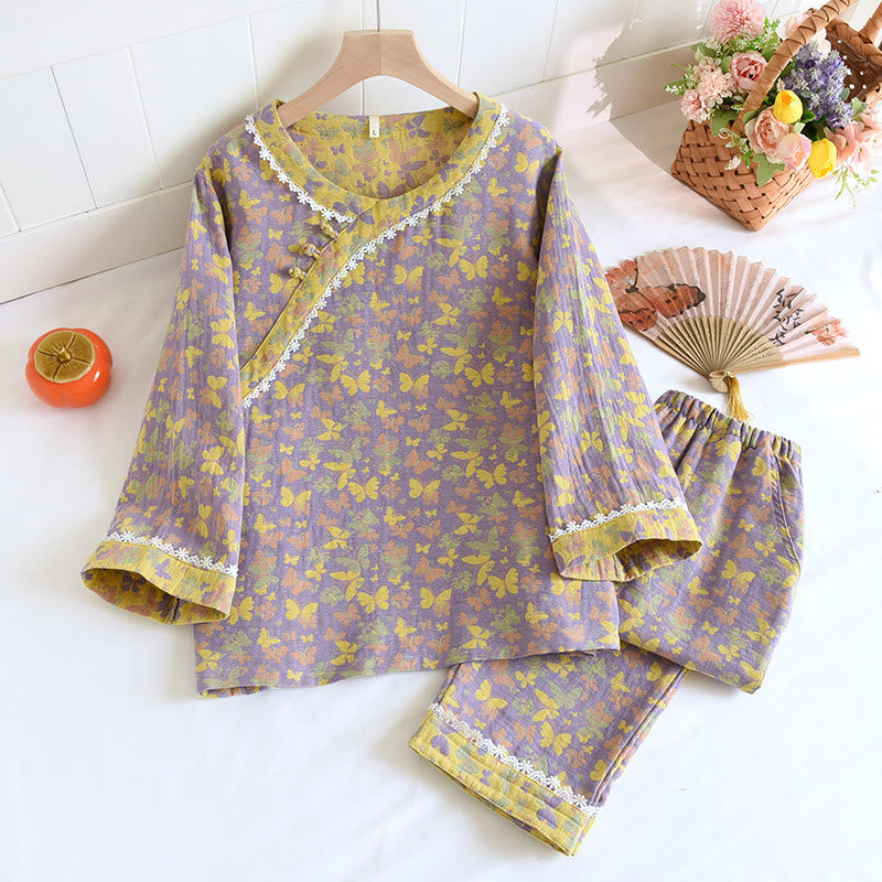 Cotton Gauze Jacquard Butterfly Pajama Set for Women