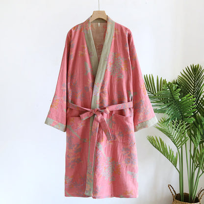 Vintage Jacquard Cotton Gauze Bathrobe in Rustic Pastoral Style