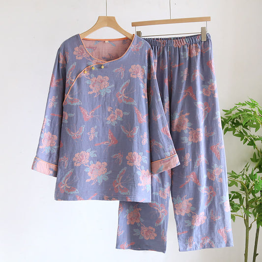 Cotton Gauze Butterfly & Flower Nightdress Set - Comfortable Nightwear for Women