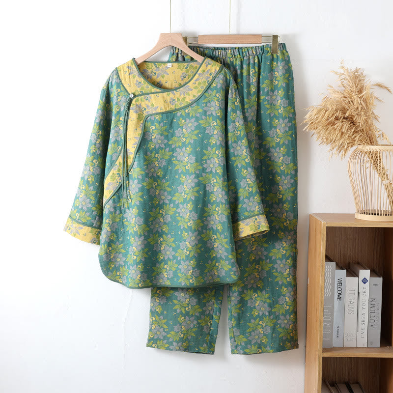Floral Frog Closure Cotton Gauze Pajama Set for Stylish Comfort