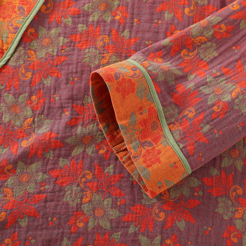 Floral Frog Closure Cotton Gauze Pajama Set for Stylish Comfort