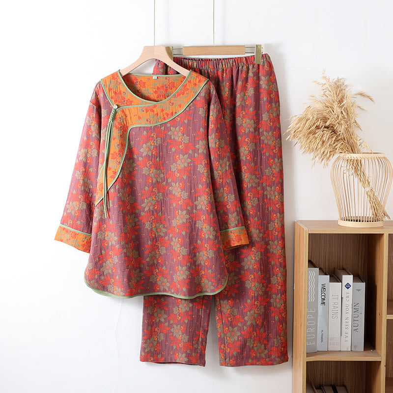 Floral Frog Closure Cotton Gauze Pajama Set for Stylish Comfort