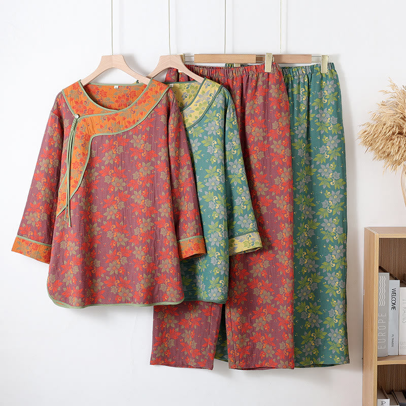 Floral Frog Closure Cotton Gauze Pajama Set for Stylish Comfort