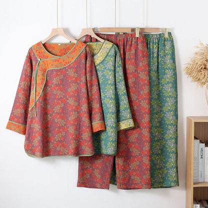 Floral Frog Closure Cotton Gauze Pajama Set for Stylish Comfort