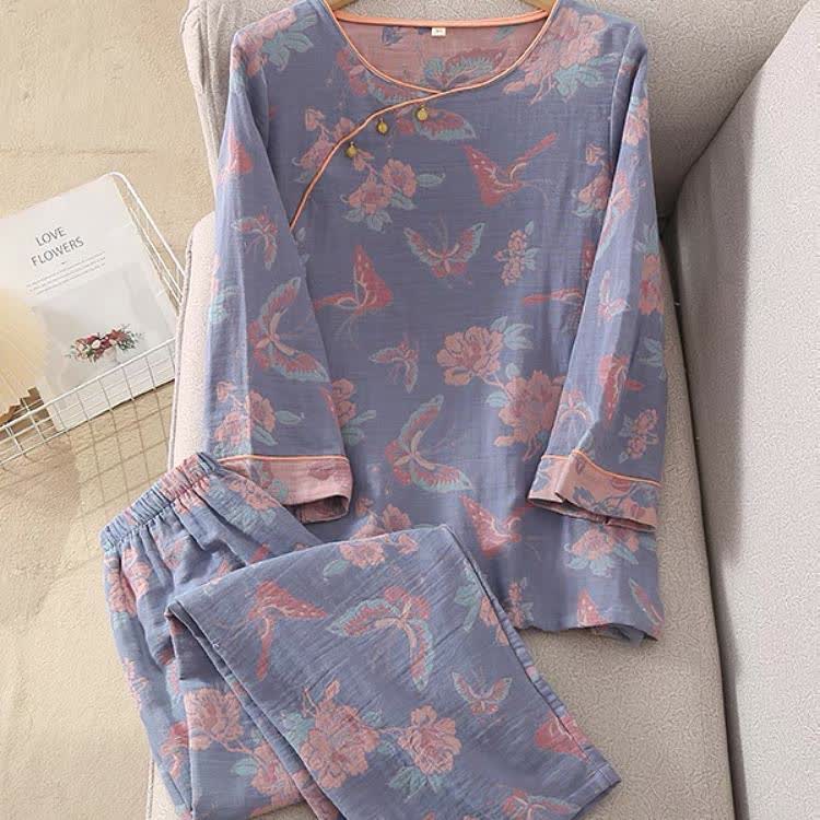 Cotton Gauze Butterfly & Flower Nightdress Set - Comfortable Nightwear for Women
