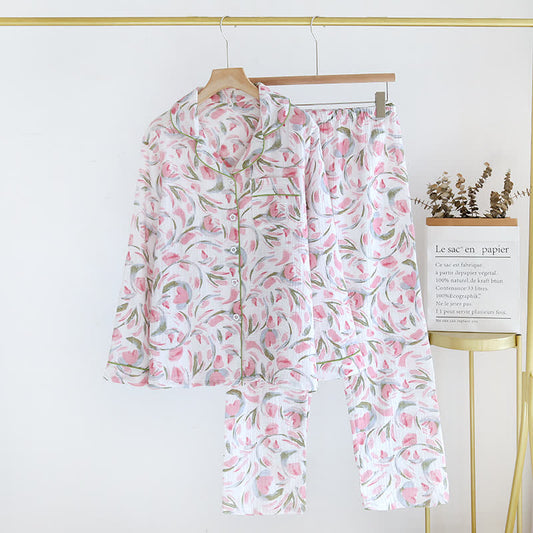 Floral Tulip Cotton Gauze Pajama Set – Cozy and Stylish Sleepwear for Ultimate Comfort