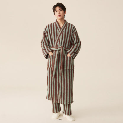 Ownkoti Men's Winter Fleece Cozy Stripe Long Bathrobe for Ultimate Comfort
