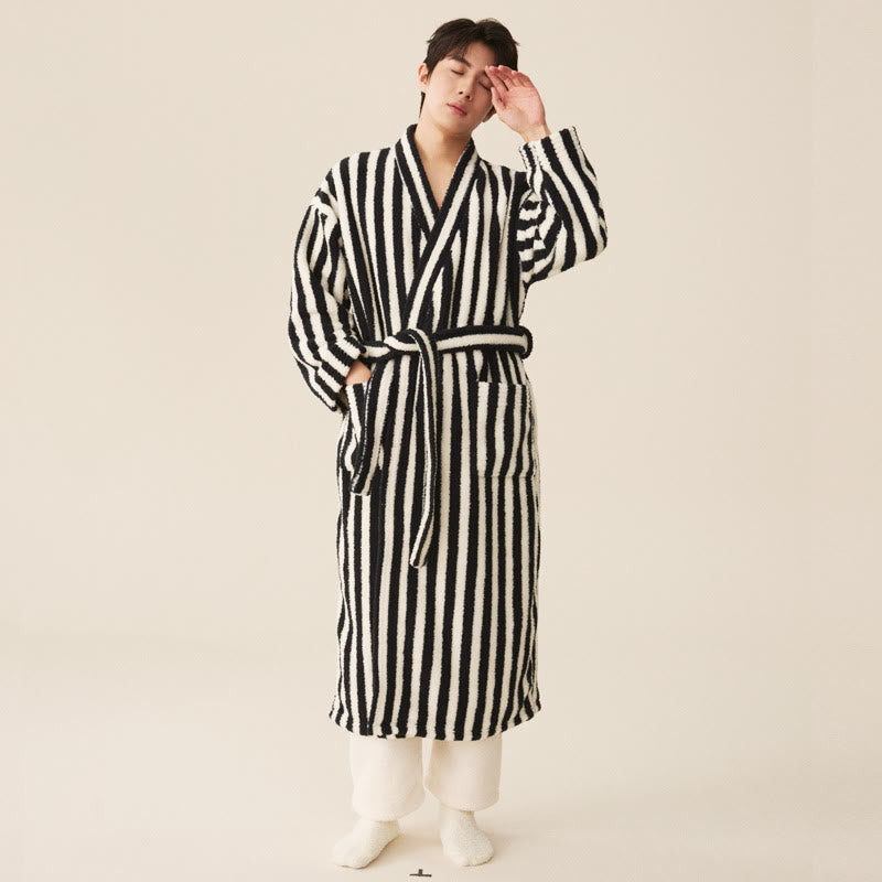 Ownkoti Men's Winter Fleece Cozy Stripe Long Bathrobe for Ultimate Comfort