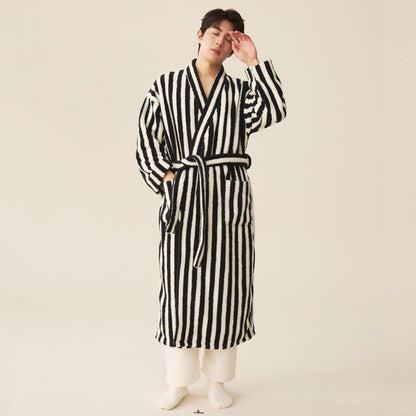 Ownkoti Men's Winter Fleece Cozy Stripe Long Bathrobe for Ultimate Comfort