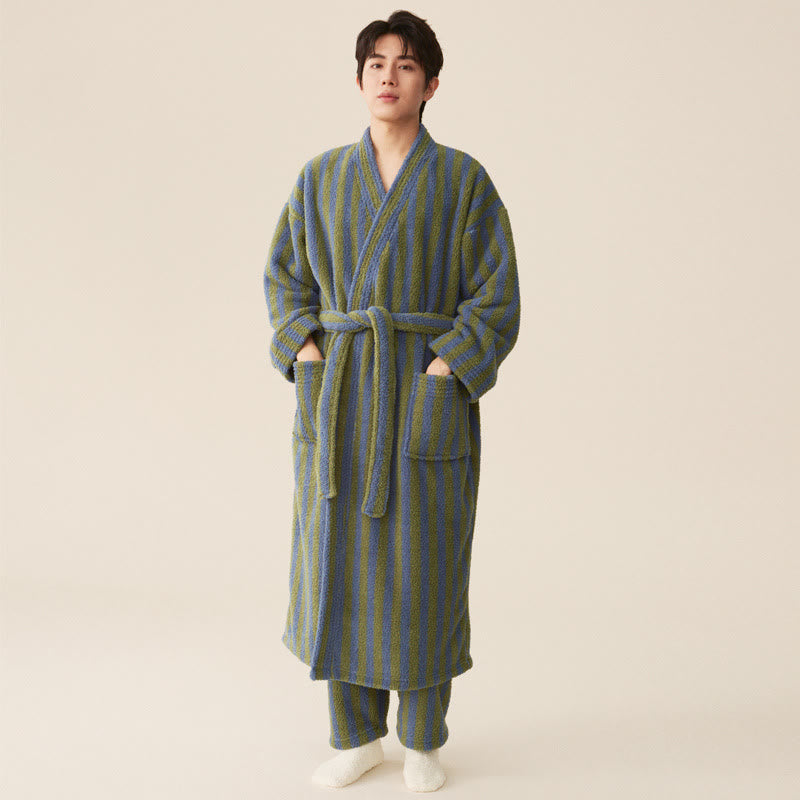 Ownkoti Men's Winter Fleece Cozy Stripe Long Bathrobe for Ultimate Comfort