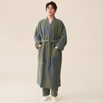 Ownkoti Men's Winter Fleece Cozy Stripe Long Bathrobe for Ultimate Comfort