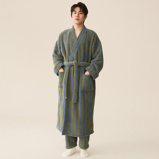 Ownkoti Men's Winter Fleece Cozy Stripe Long Bathrobe for Ultimate Comfort