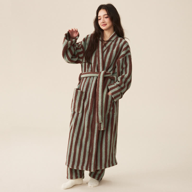 Ownkoti Men's Winter Fleece Cozy Stripe Long Bathrobe for Ultimate Comfort